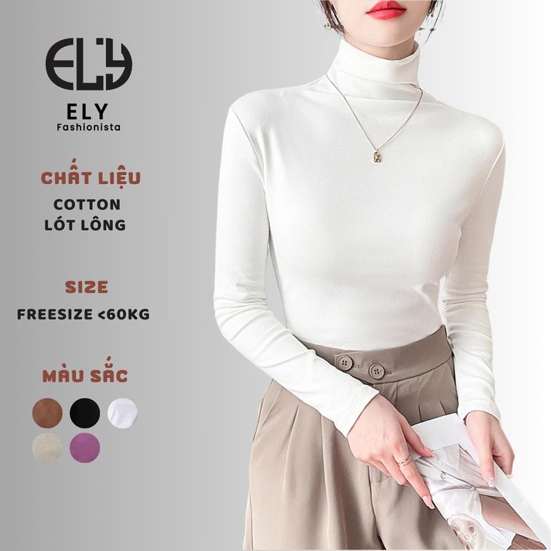 Áo thun nữ cổ lọ tay dài chất cotton lót lông giữ nhiệt kiểu áo phông dáng ôm body dài co giãn tốt ELY282