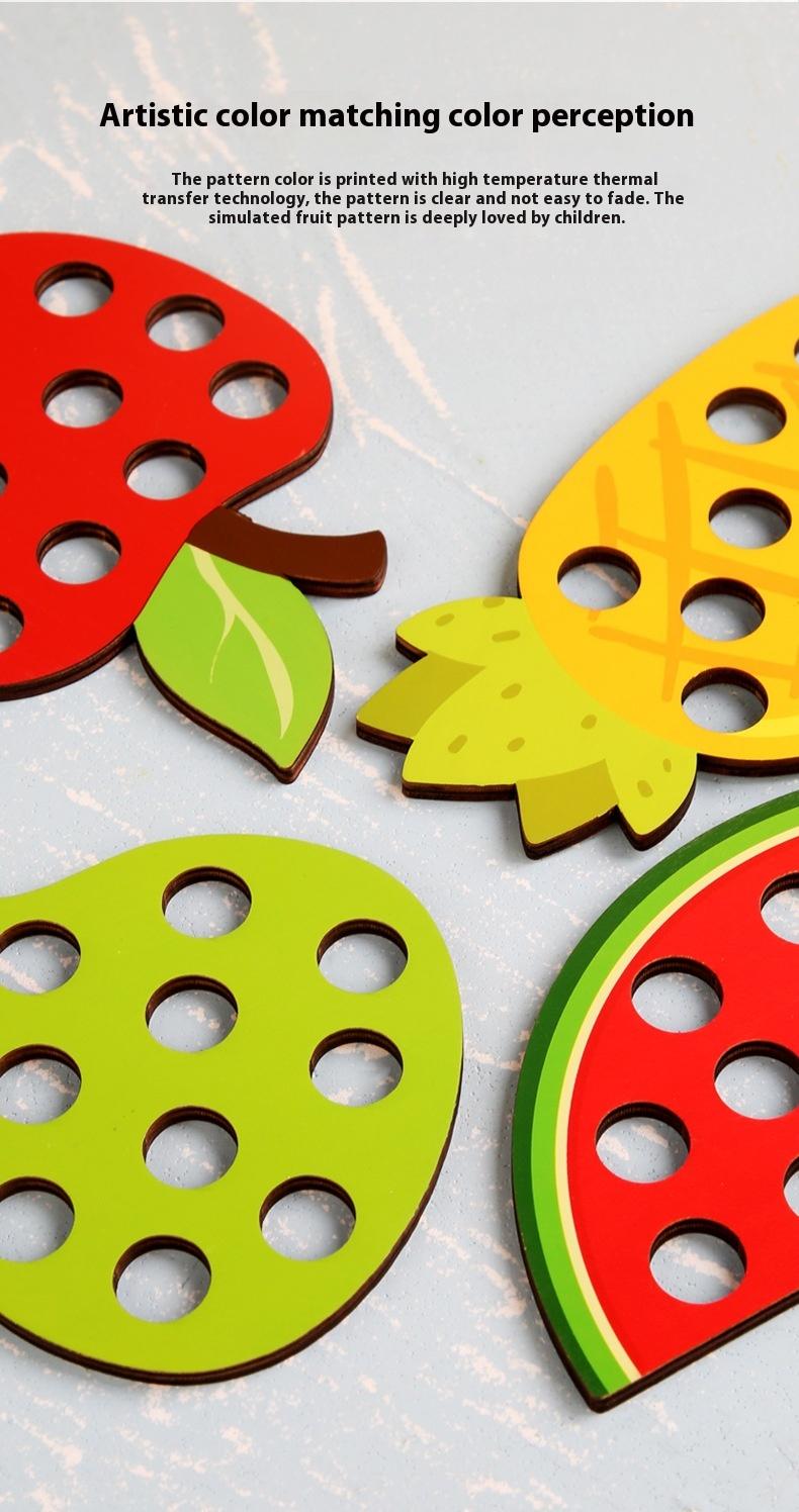 Product Introduction of Wooden Fruit Threading Board Toy Kindergarten Area Put Montessori Early Education String Game 8