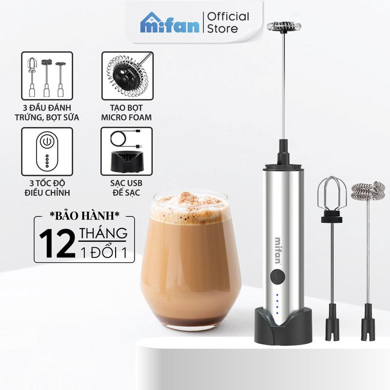 Máy Đánh Bọt Cà Phê Microfoam Mifan MF1501G - 3 Đầu Đa Năng, Thép không gỉ, Đế sạc USB tiện lợi