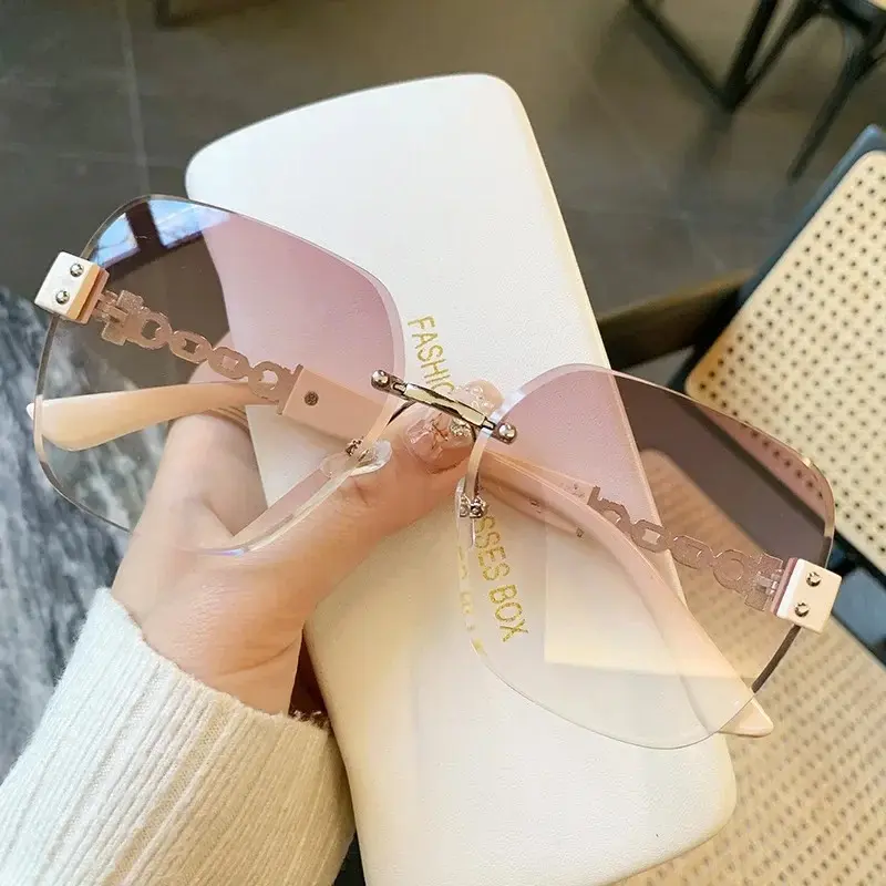 Kính Râm Gradient Không Vành, Phong Cách Cổ Điển Chân Dây Chuyền, Dành Cho Nam Và Nữ, Thời Trang Sành Điệu, Kính Râm Nữ, Kính Mắt Thiết Kế Thương Hiệu Sang Trọng