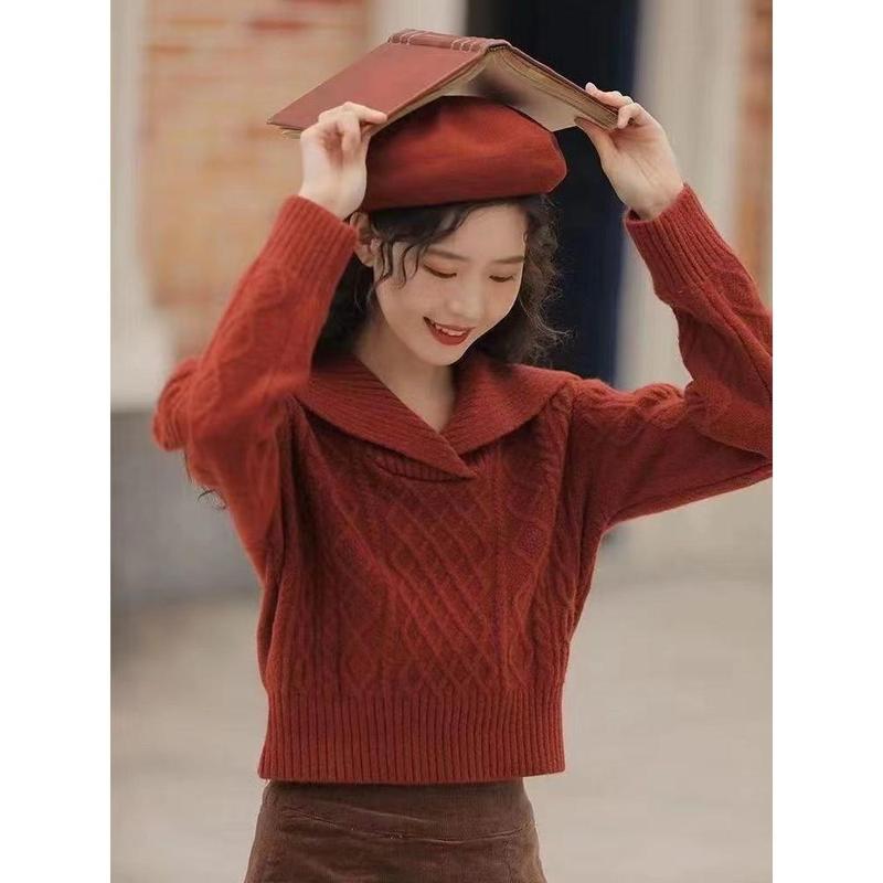 Áo Len Cổ Peter Pan, Phong Cách Cổ Điển Phong Cách Lười Biếng, Ve Áo Lớn, Áo Ngắn Nhỏ Dành Cho Nữ, Mùa Thu / Đông 2024 Hàng Mới Về Women Top 3