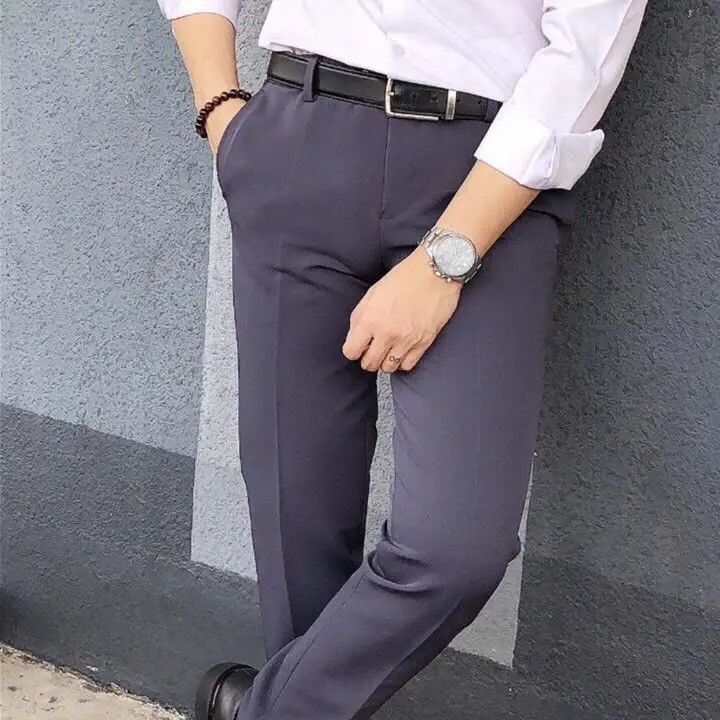 Quần Âu Nam Dáng Trẻ Vải Cotton Co Giãn Chống Nhăn 2 Màu , Đen, Ghi Menswear 0