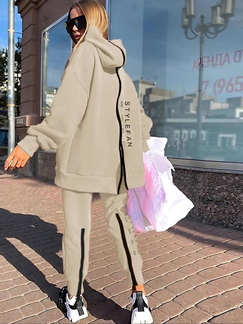 Product Introduction of Women's Letter Print Drop Shoulder Zip Up Hoodie & Pants Two-piece Set, Outfits 2 Piece Set, Casual Fashion Cozy Breathable Two Piece Outfits for Daily Outdoor Wear, Women Clothes for Fall & Winter 9