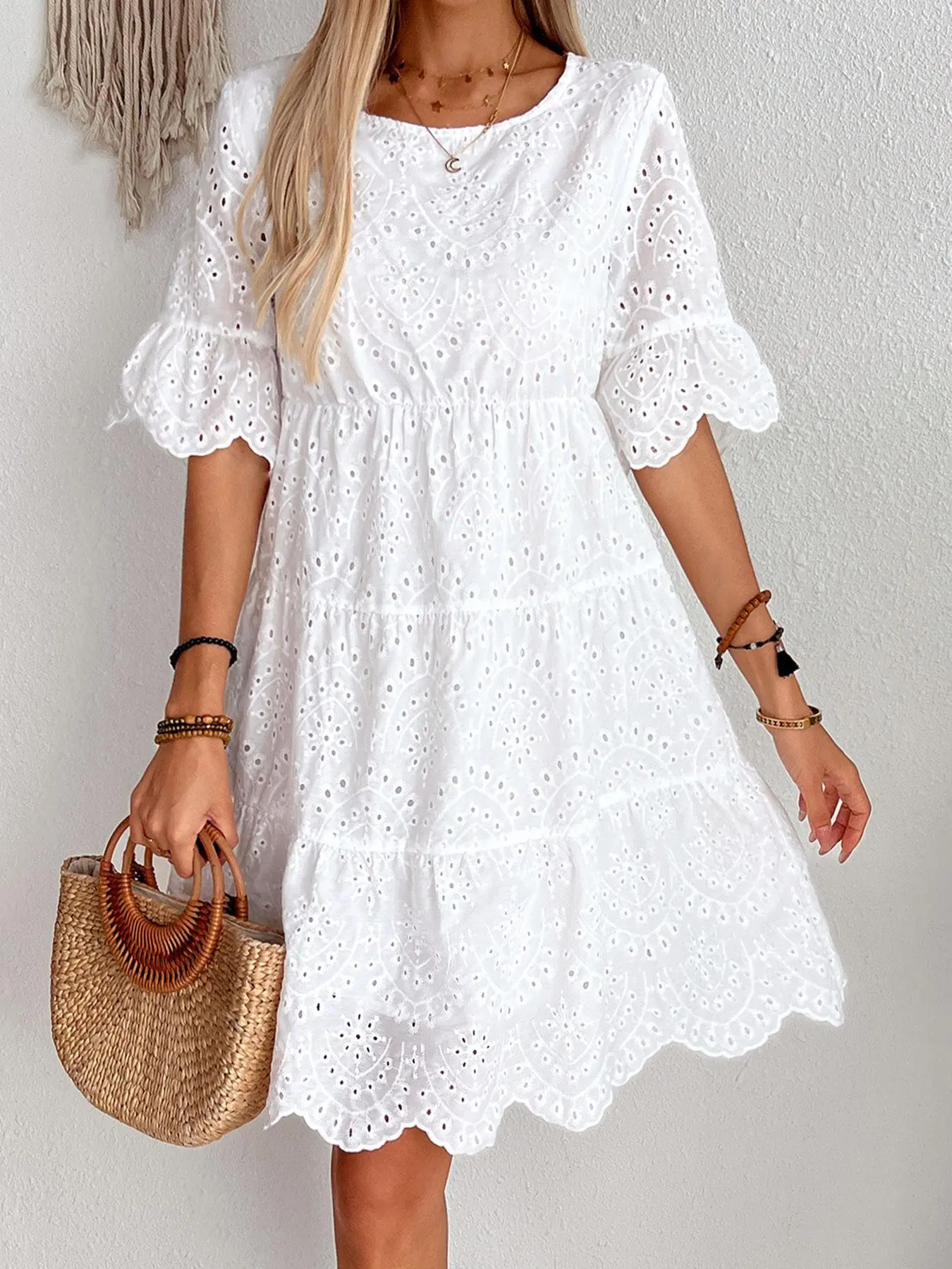 Women's Plain Eyelet Embroidery Flounce Sleeve Dress, Elegant Half Sleeve Round Neck Short Dress for Spring & Fall, Women's Clothing for Daily Wear