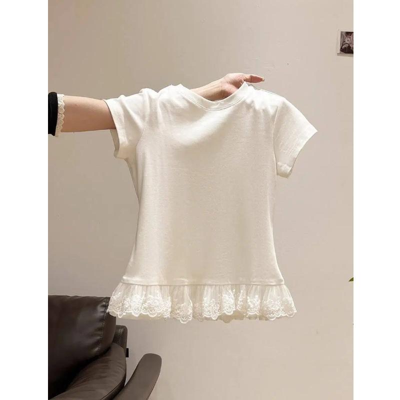 kaos polos slim lengan pendek renda atasan wanita kekinian soft cotton musim panas korean style