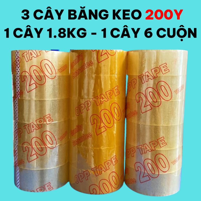 Combo 3 cây băng keo 200yard 1 cây nặng 1,8kg 1 cây 6 cuộn lõi giấy 5mm chiều rộng cuộn 4.8cm màu trắng trong và vàng đục