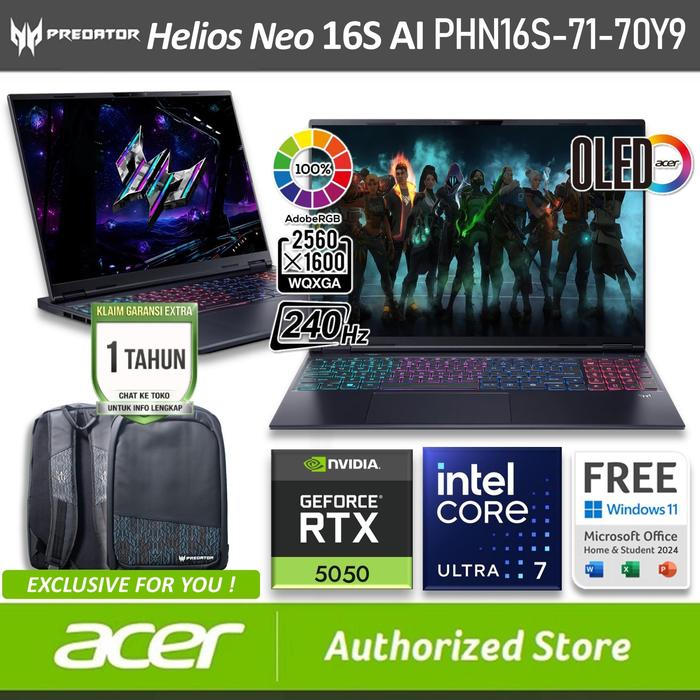 Gambar ACER Predator Helios Neo 16S AI PHN16S-71-70Y9 OLED RTX5050 8GB Intel Core Ultra 7 255HX 16/1TB SSD Windows 11 OHS 16" inch WQXGA 240Hz Obsidian Black - Windows 11 Home, LAPTOP, 16/1TB SSD dari Acer Authorized Store Jakarta Kota Administrasi Jakarta Utara Tokopedia