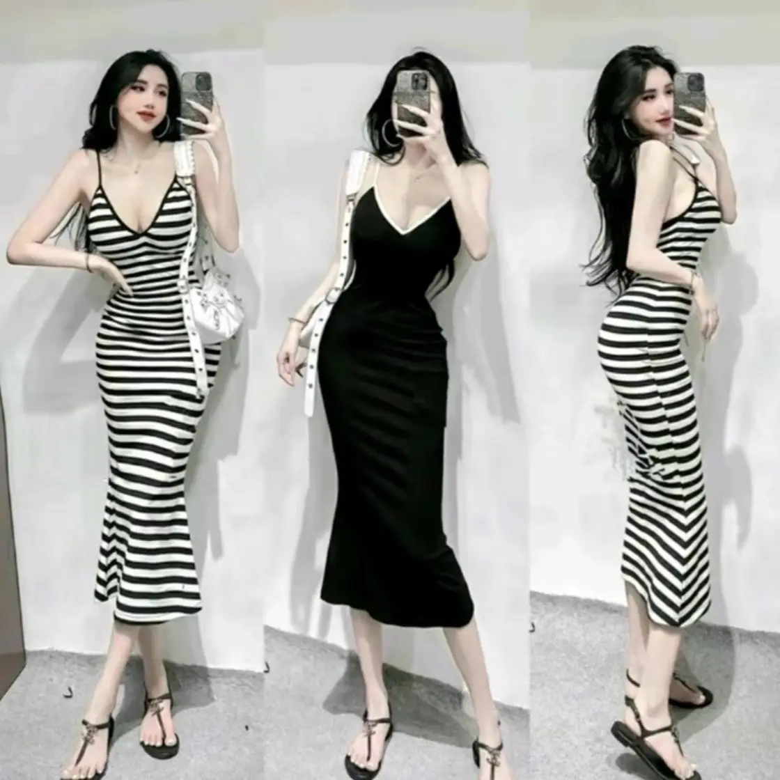 Đầm body tôn dáng nữ ôn gọn dáng dài thun gân T3 Dress màu đen voi voan women - Sọc mocha mousse