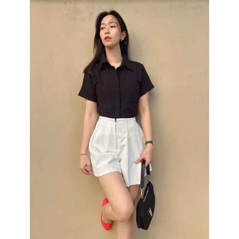 Kemeja Wanita Hersoul 12 Gea Shirt Top Linen Basic Flanel Tangan Atasan Oversize Crop Casual Pendek - Simple baju