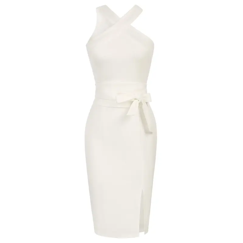 【Big Sale】Grace Karin Women Halterneck Party Dress Defined Waist Front Slit Bodycon Dress 0