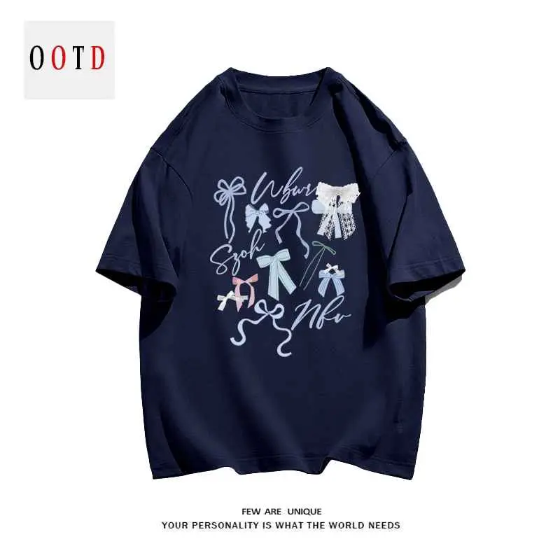 Áo phông cotton in hình nơ nhỏ xinh xắn unisex thời trang tay ngắn oversize mùa hè cổ tròn co giãn áo thun phong cách tay lỡ dáng rộng thoáng mát cho nam nữ dễ phối #210