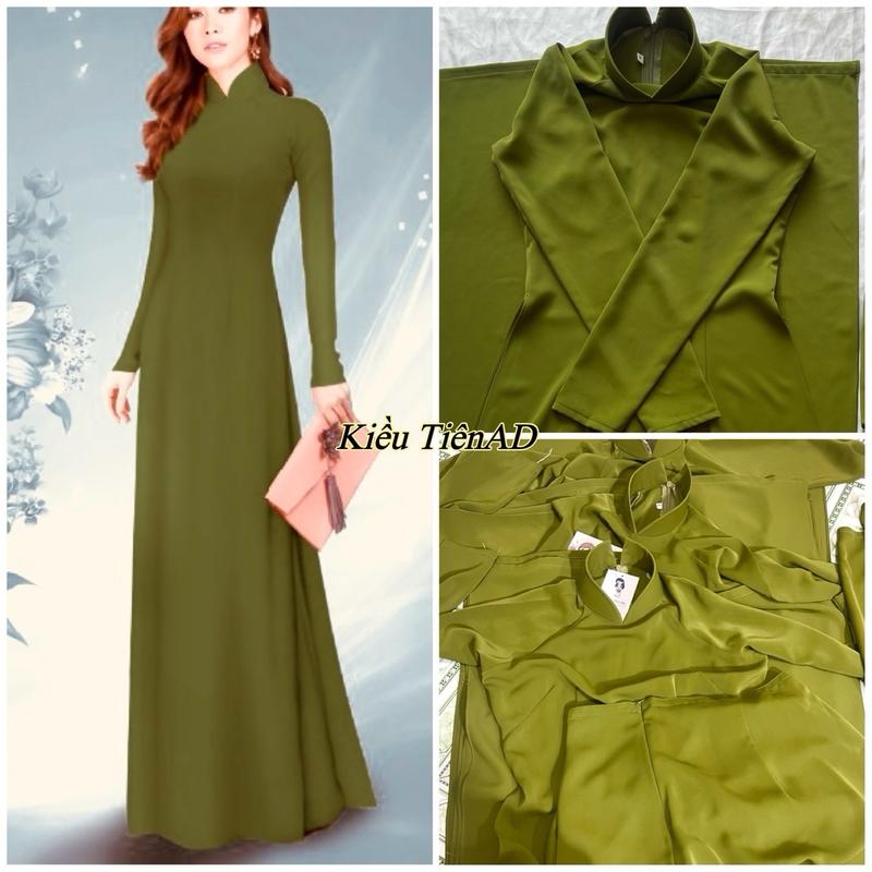 Áo dài truyền thống cổ 3 phân tay dài màu Xanh Rêu Cốm Lụa Mỹ Cao Cấp M12 Nữ Women Voan