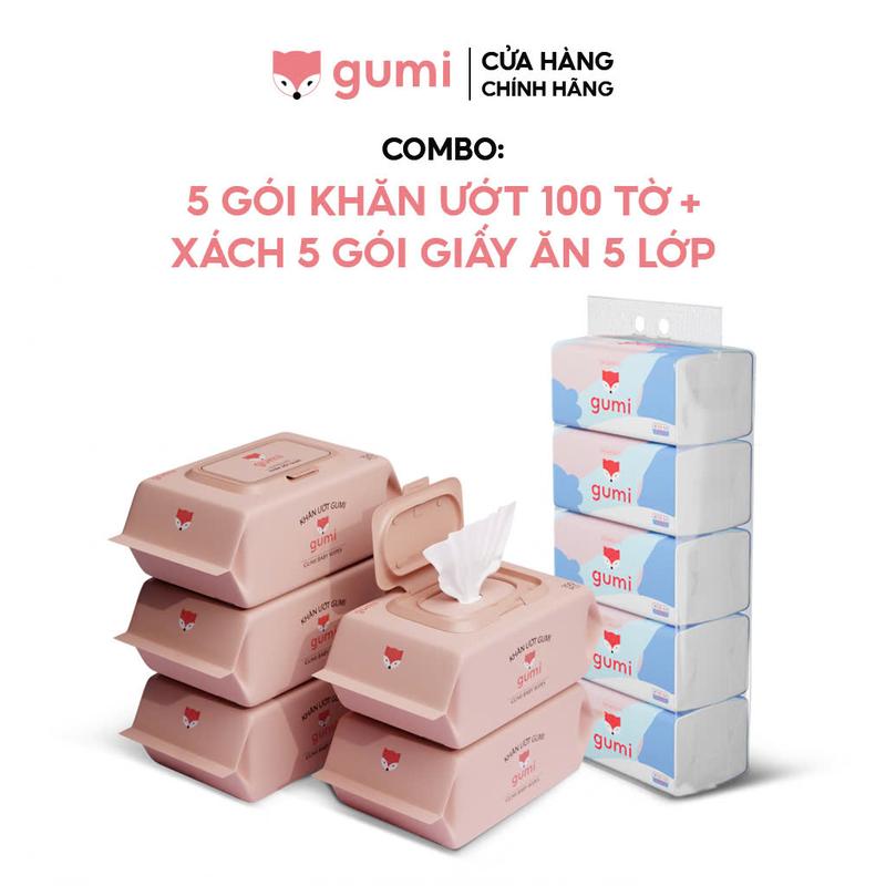 (HN) Combo 5 gói khăn ướt, 5 gói giấy rút to Gumi Giấy Ăn Khăn Giấy Phòng Khách