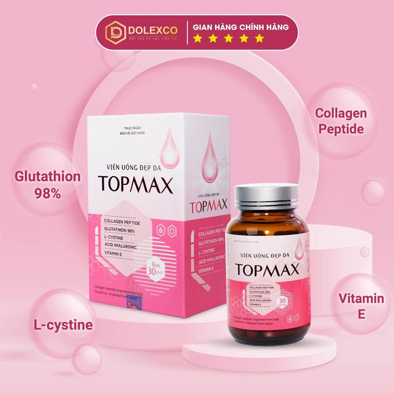 Viên Uống Đẹp Da TopMax 30 Viên - Bổ sung Collagen Peptide, Glutathione 98%, L-Cystine, Vitamin C, Vitamin E, Biotine, giúp phục hồi tính đàn hồi của da, cải thiện trắng da, sáng da, da không đều màu.