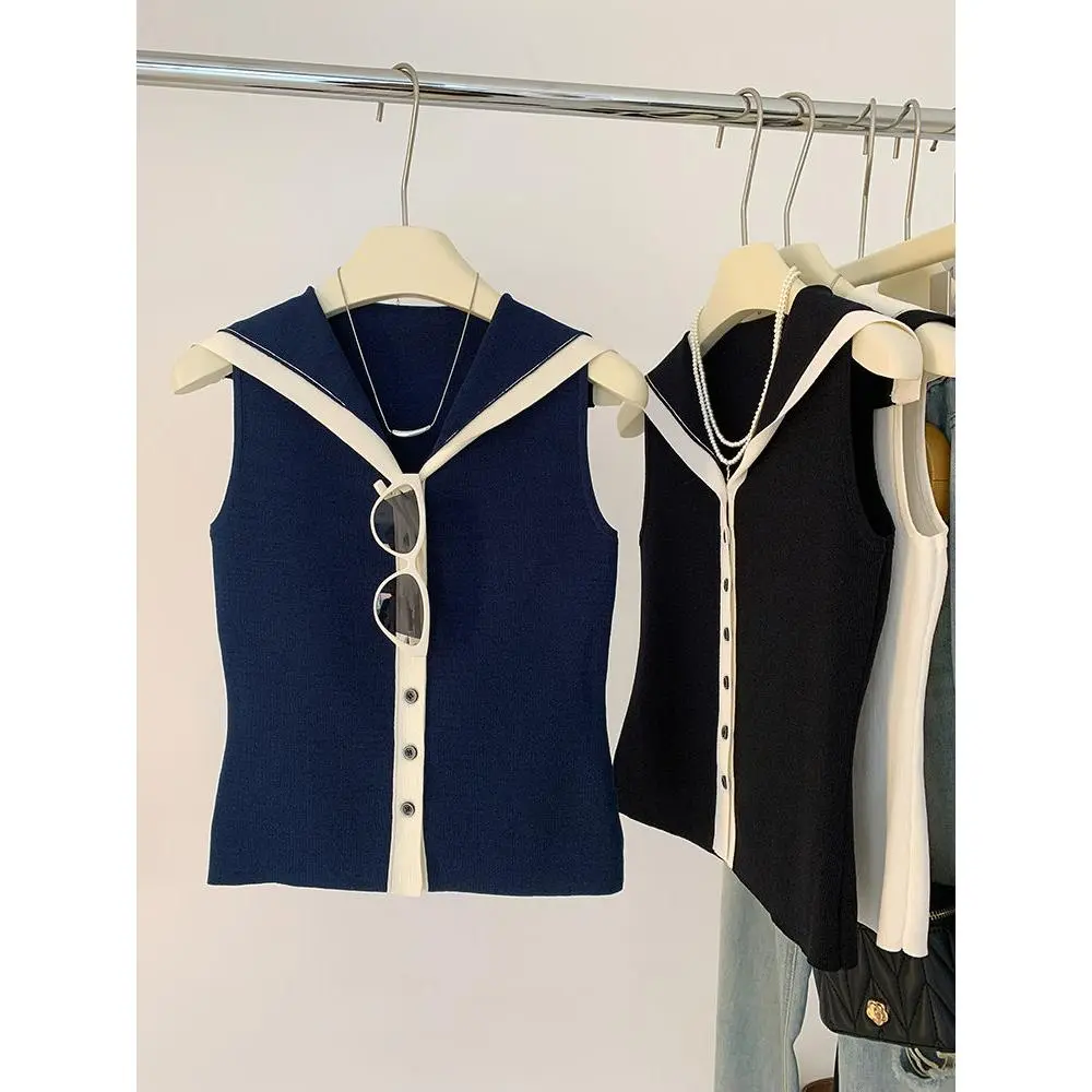 Áo Vest Cardigan Dệt Kim Mỏng, Cổ Thủy Thủ Màu Tương Phản, Dành Cho Nữ, Không Tay, Bó Sát, Không Tay, Thích Hợp Cho Mùa Hè 2024, Hàng Mới Về