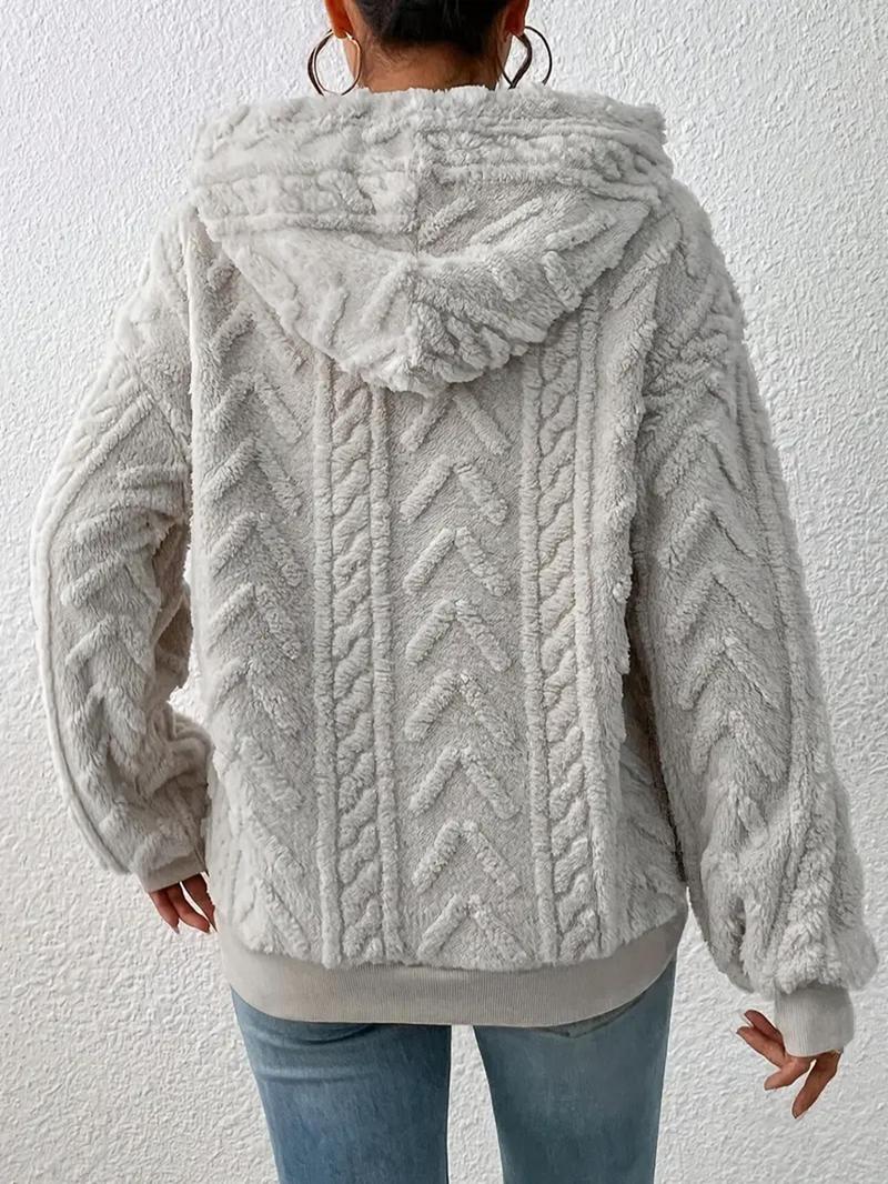 Product Introduction of Women's Plain Textured Drawstring Plush Hoodie, Fashion Casual Drop Shoulder Long Sleeve Hooded Sweatshirt for Daily Outdoor Wear, Yoga Hoodie, Women Clothing for Fall & Winter 2