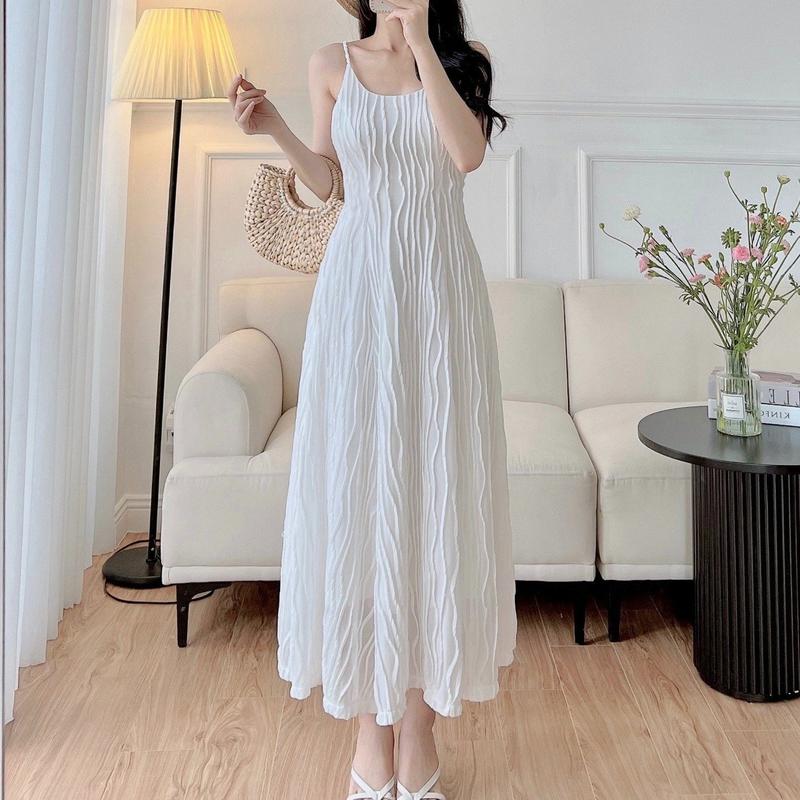 Váy hai dây, đầm nữ maxi dáng xòe dài, chất thun gân sóng 2 lớp cao cấp phong cách trẻ trung nữ tính 7.Beautiful V149 Dress Voan Women Cổ Tròn Trắng