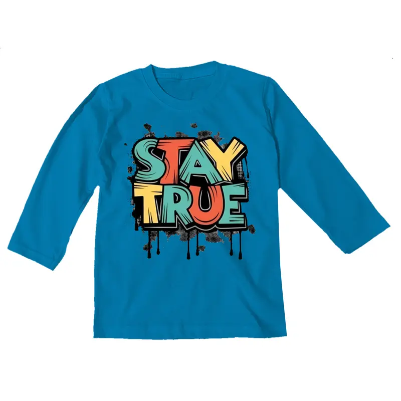 Bocil Boutique - Kaos Distro anak lengan panjang Gambar STAY TRUE Atasan laki laki dan Perempuan umur 1-14 Tahun 100% Bahan COTTON Combed 7