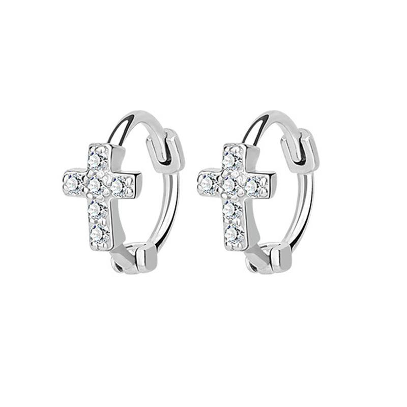 Khuyên tai Thánh Giá bạc unisex tròn nạm đá Zircon có chốt bấm/ trang sức Công Giáo