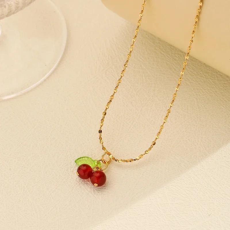 Product Introduction of Stainless Steel Cherry Necklace, Cute Bead Pendant Necklace, Ladies' Wedding Jewelry, Birthday Gift Necklace 4