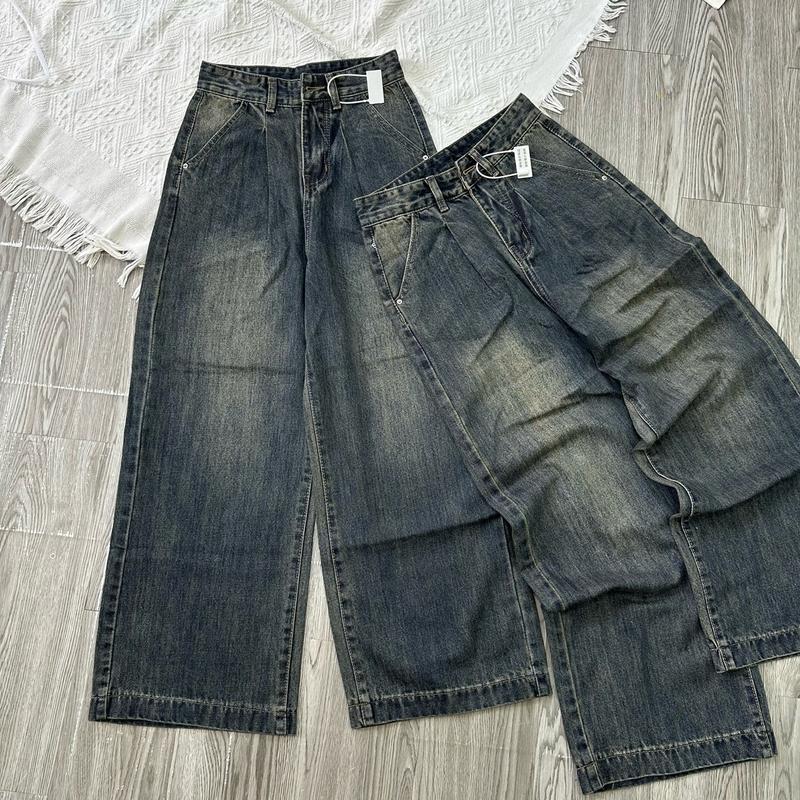 OX07:703 BIGGSIZE Quần suông jeans nữ cạp cao không co dãn, quần jeans ống rộng túi chèo cạp xếp ly Women Pants Ong