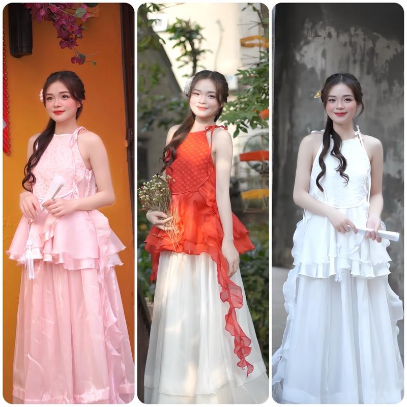 Set yếm Trung Thu bèo tầng kèm chân váy xinh xắn chụp hình cực cuốn hút Maxi Mai women Áo Top Kem yemtet mactet Trung Thu chụp ảnh lồng đèn Set yếm mặc Tết Trung thu