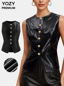 YOZY Women's Solid Color Button Front PU Leather Vest, Fashion Casual Sleeveless Round Neck Outerwear for Daily Outdoor Wear, Ladies Clothes for All Seasons