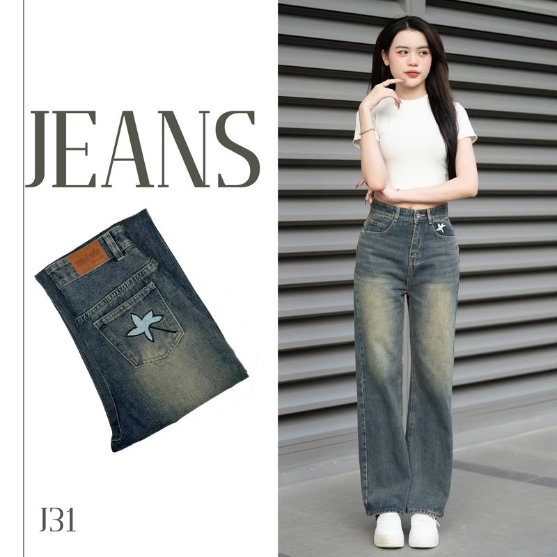 (J - 31 ) Màu xanh nhạt Basic phủ bụi vàng , điểm nhấn thêu màu nổi hình chiếc lá trên túi trước và túi sau Chất Vải Cotton Mịn Nữ Women Pants