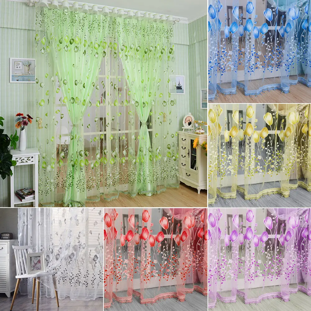 Rèm Vải Tuyn In Hoa Tulip, 1X2M, Voile, Rèm Cửa Sổ, Trang Trí Phòng Ban Công