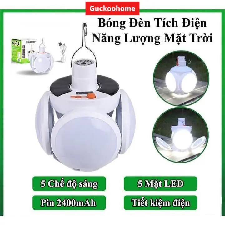 ( Hàng loại 1 ) Đèn Led Loại To Tích Điện Năng Lượng Mặt Trời GuckooHome 4 Cánh 5 Bóng, Đèn Tròn Gấp Gọn Ánh Sáng