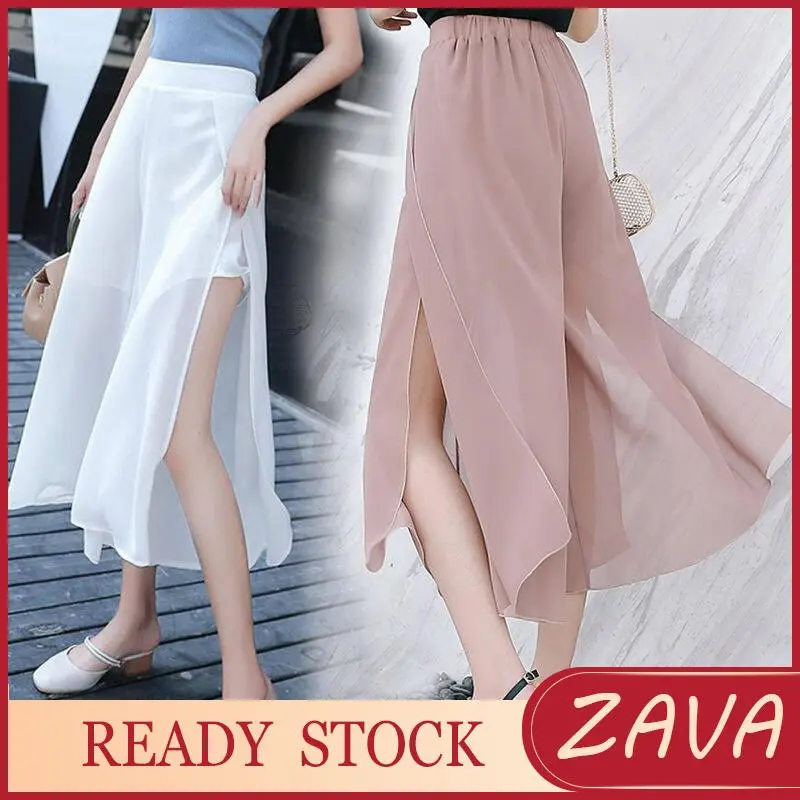 Quần Ống Rộng Xẻ Tà, ZAVA, Dành Cho Nữ, Phong Cách Mùa Hè, Chất Liệu Voan, Quần Bảy Điểm, Váy, Phong Cách Hàn Quốc, Quần Cropped, Mỏng, Cạp Cao, Xẻ Bên, Cảm Giác Lưới, Quần