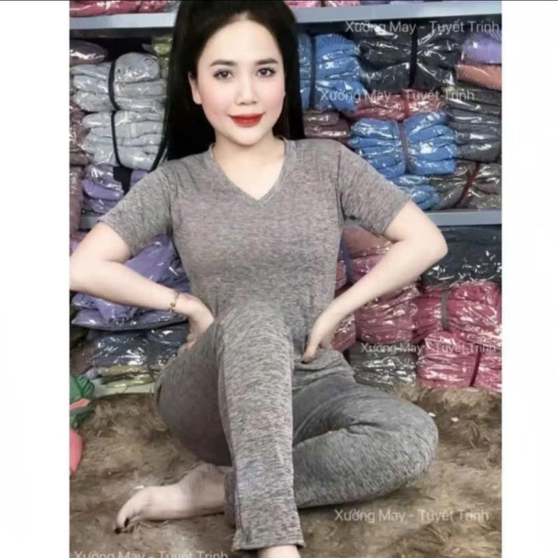 Set Bộ Mặc Nhà Áo Cổ Tim Tay Ngắn Quần Dài Ống Ôm Vải Gân Đũa Lạnh Thoáng Mát Nhiều Size 3