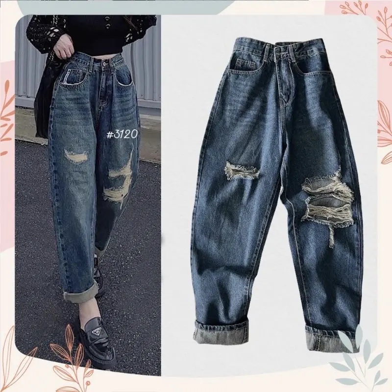 (Từ 50kg-88kg) Quần Baggy BigSize Màu Xanh Bụi, Lưng Cao Trên Rốn, Không Co Giãn Nữ Women Jean Pants Denim Có Túi