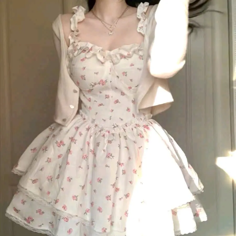 ĐẦM VOAN HOA TRẮNG XOÈ 2 TẦNG CÓ MOCKING LƯNG CO GIÃN( KÈM KHOÁC THUN GÂN MÀU TRẮNG) Women Nữ Váy Dress Kem Sen..