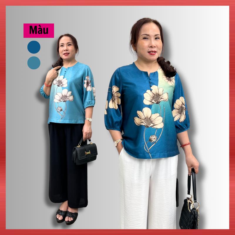 Bộ Trung Niên Nữ S570, Set Áo Gấm Hoa 3D Tay Lỡ Quần dài Linen 9 Tấc Ống Rộng Cho Mẹ, Top Thời Trang Women NP Clothing U60