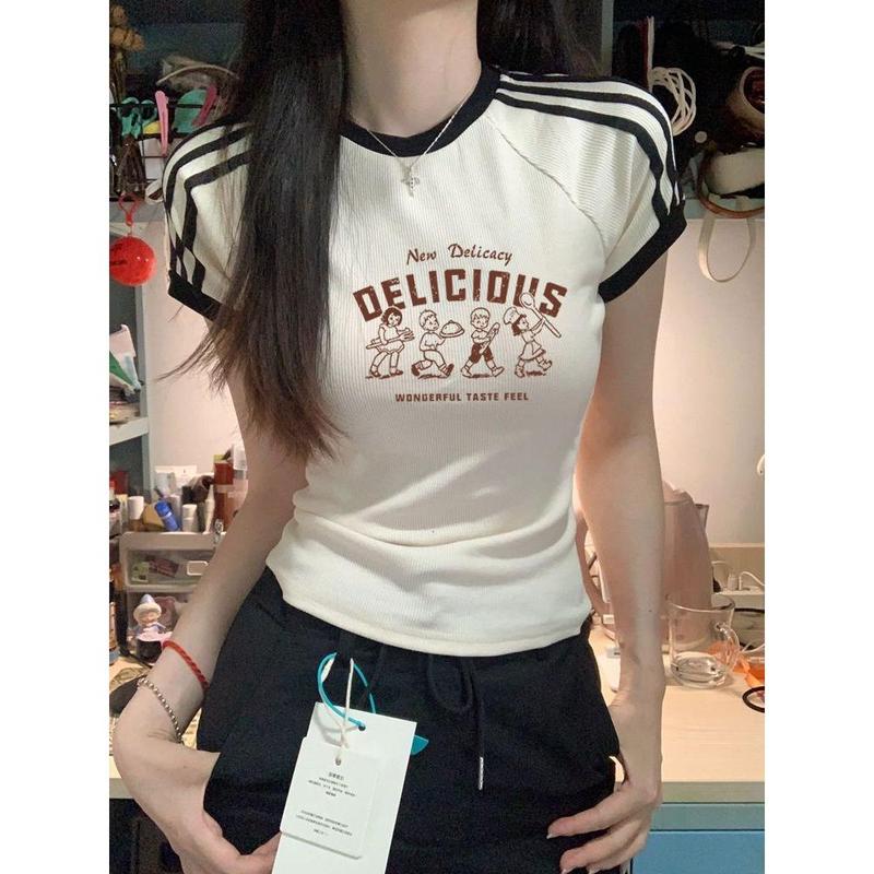 Summer American Style Short Sleeve T-Shirt for Women, Pure Desire Retro Student Ins Style Three-Stripe Striped Regular Shoulder Short Top 2