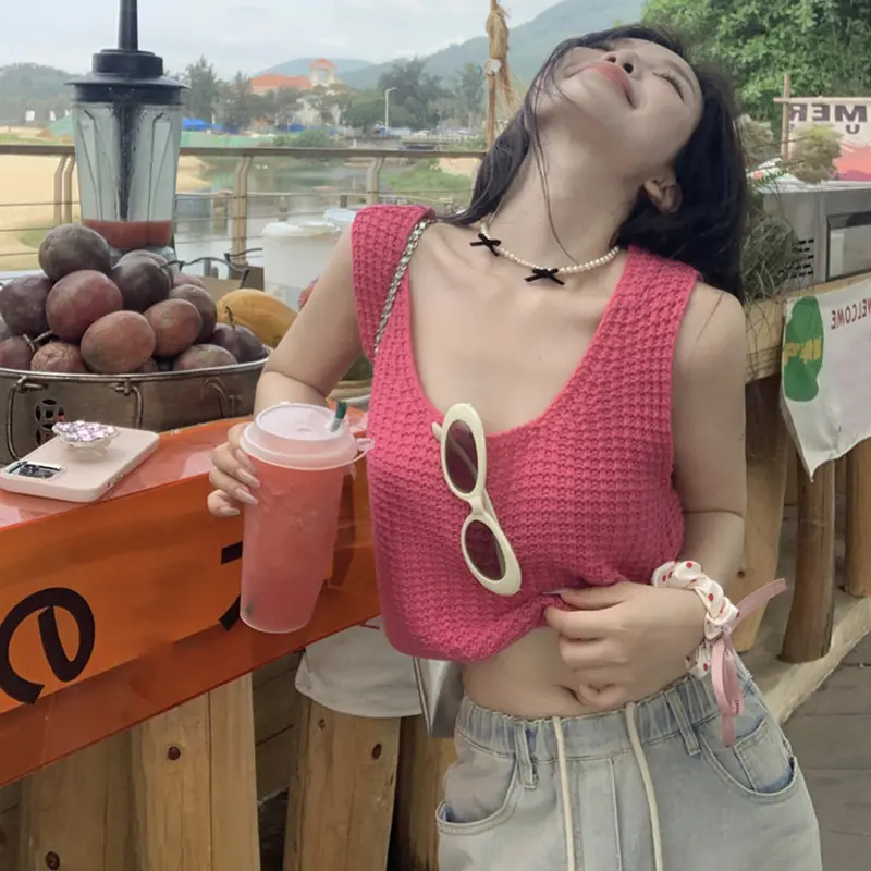 Women's Top Vest,Women's Crochet Knit Tank Tops Casual Loose Fitting Round Neck Sleeveless Showing Navel Solid Color Shirt for Summer