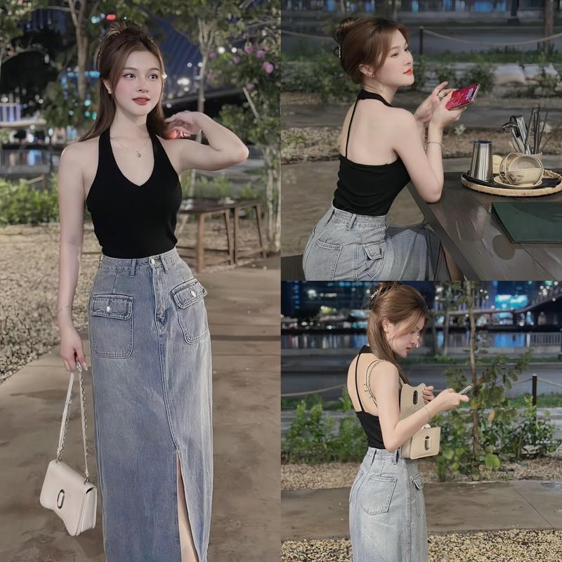  Set váy nữ áo tăm lạnh thiết kế cổ yếm kèm chân váy jean dài túi hộp tôn dáng xinh xắn thích hợp cho các chị em đi tiệc đi chơi.  Women Top 
