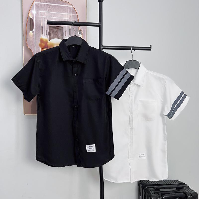 SMh.12 45-80kg Áo Sơ Mi Nam ngắn Tay Tem vải chất liệu kate lụa co dãn nhẹ độ dày vừa phải