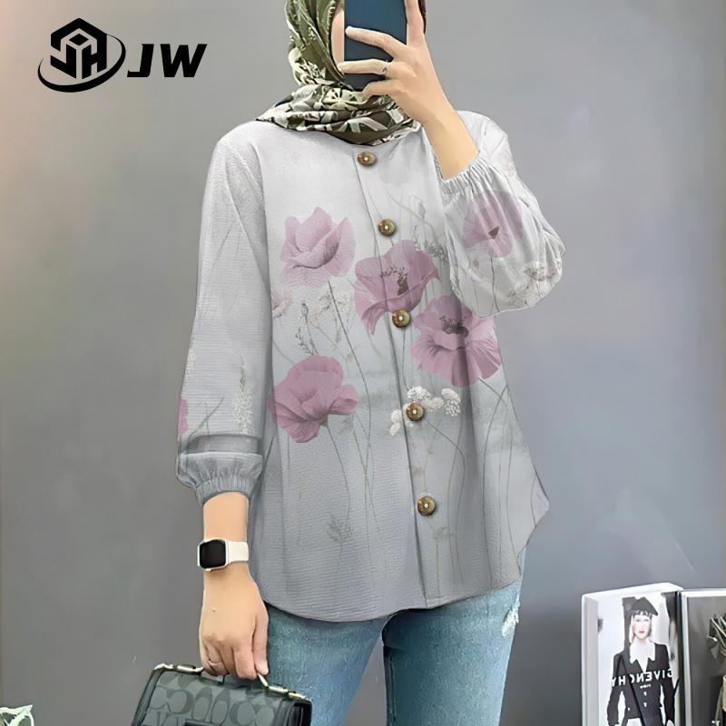 Product Introduction of Women's Muslim shirt elegant and colorful flower oversized loose long sleeved top, beautiful button style affordable and comfortable long sleeved shirt 26