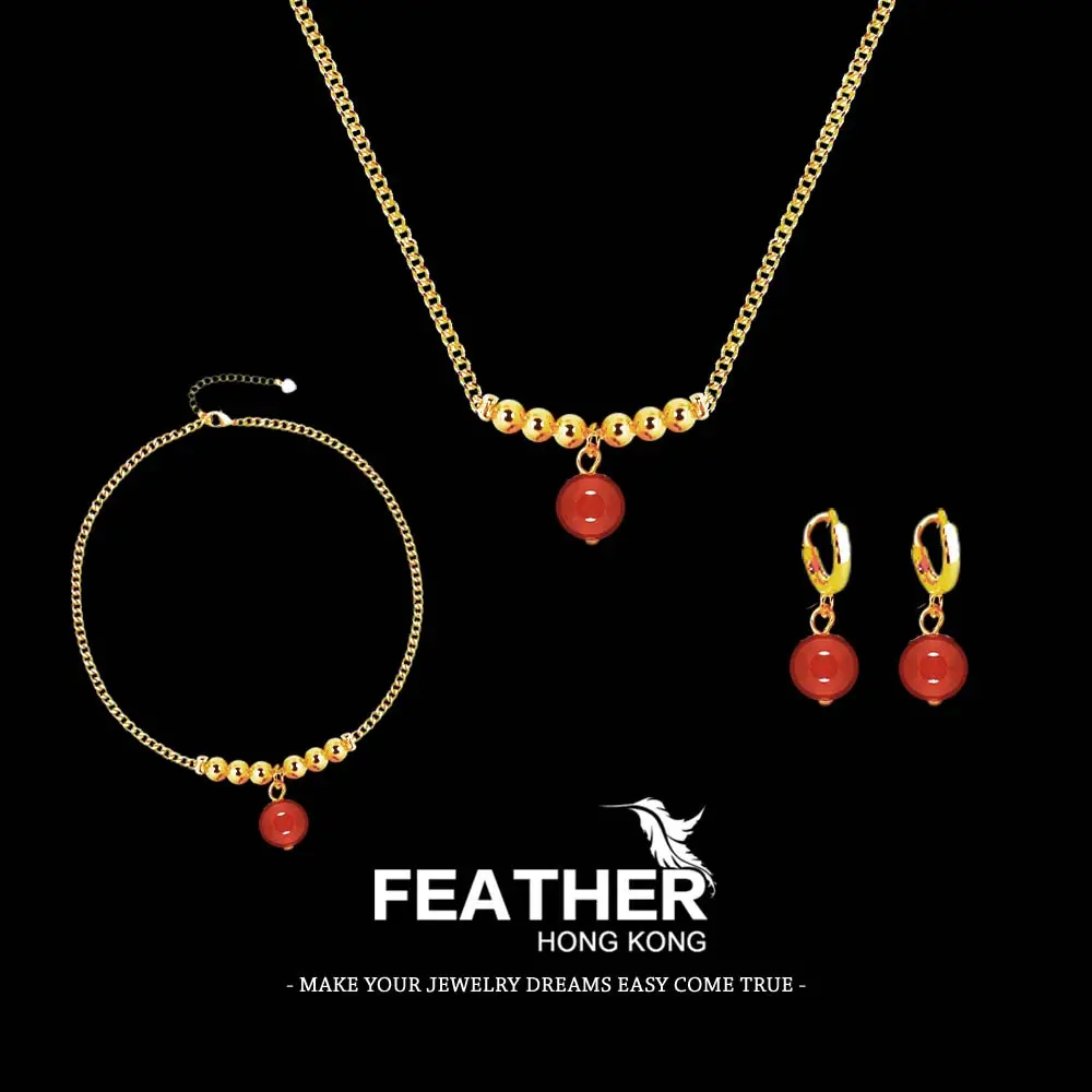 FEATHER HONGKONG -  SET PERHIASAN GIOK MERAH KALUNG GELANG ANTING G WANITA