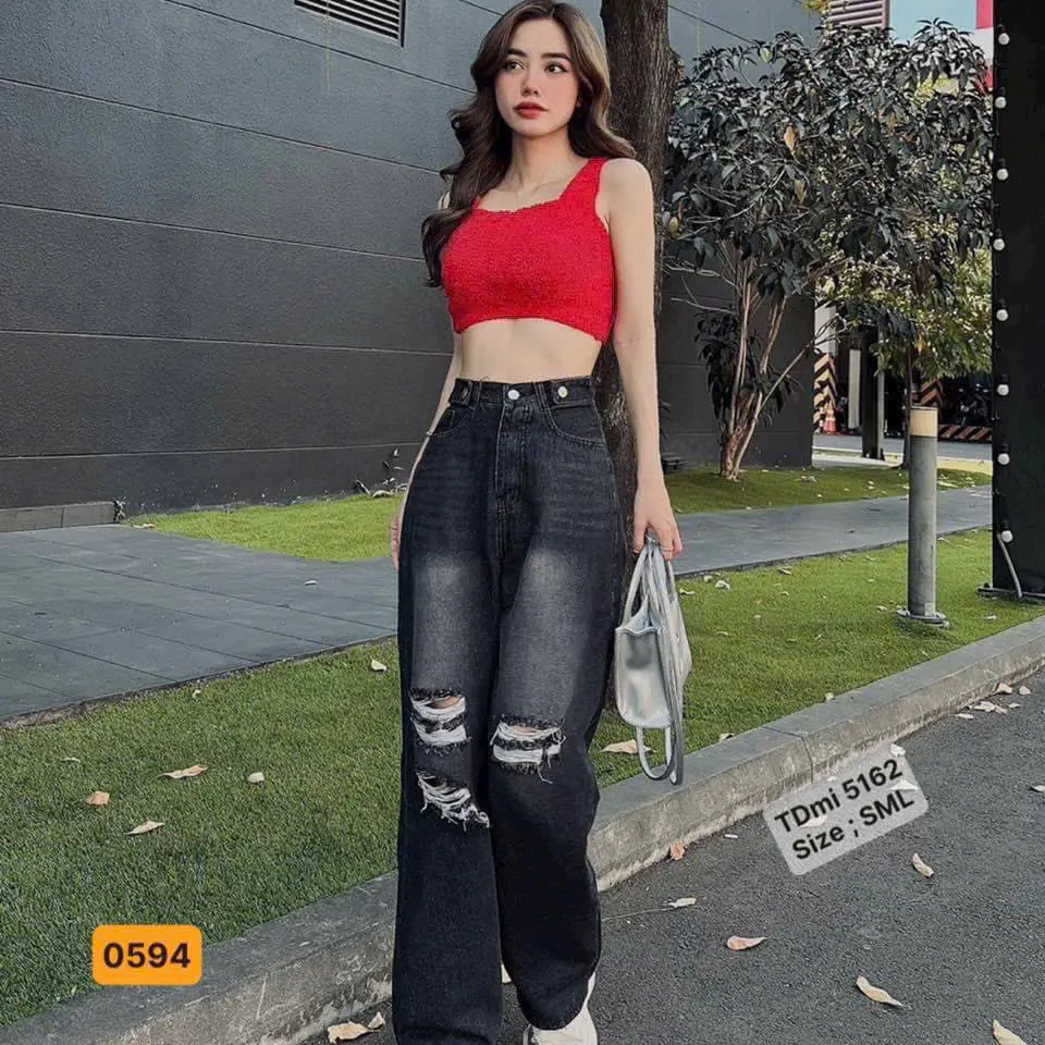 Quần Jean Nữ Ống Suông rách xước, Quần Bò Nữ Ống Rộng cạp cao SD0594