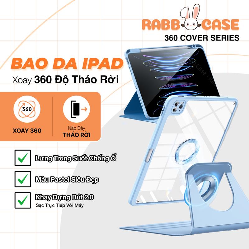 Bao da, Ốp iPad xoay 360 độ, mặt lưng trong suốt chống ố, có thể tháo rời được, khe đựng bút hỗ trợ sạc không dây Titan