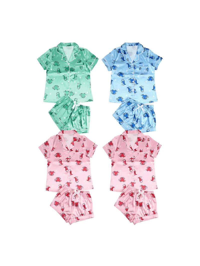 Product Introduction of Two-piece Set Women's Cartoon Dinosaur Print Top & Shorts Satin Pyjama Set, Cute Comfy Pocket Short Sleeve Top & Shorts Pj Set, Ladies Summer Sleepwear, Pajamas 7