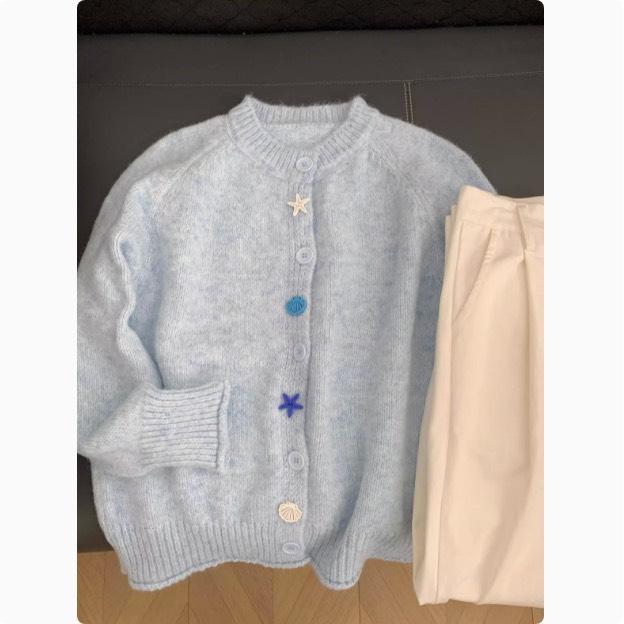 Áo Khoác Len Lông Thỏ Hàng Nút Sao Biển Tiểu Thư Dễ Thương Cổ Tròn Phong Các Hàn Quốc Mặc Giữ Ẩm Mùa Đông Camcloset Nữ Women Top