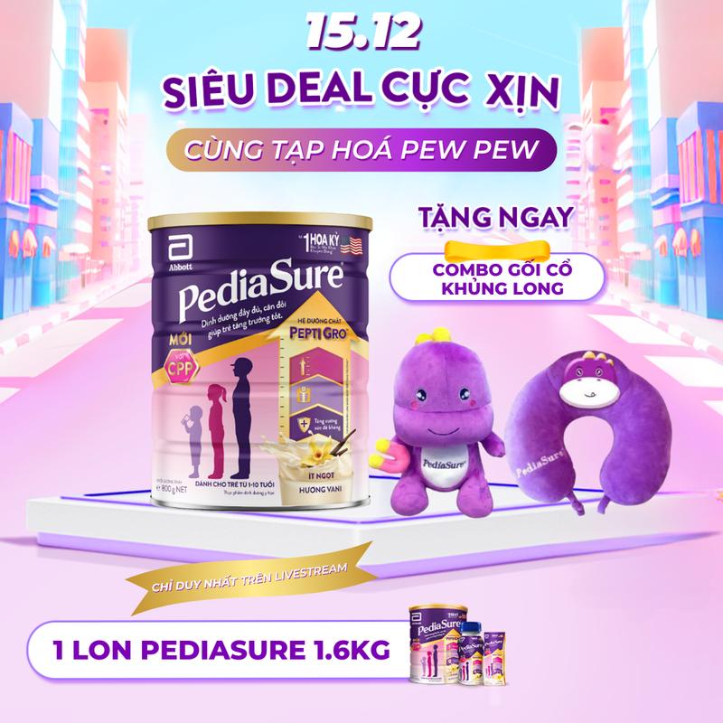   DEAL PEWPEW   TẶNG COMBO GỐI CỔ + KHỦNG LONG  1 Lon Sữa PediaSure Dạng Bột Hương Vani Ít Ngọt 1.6kg 