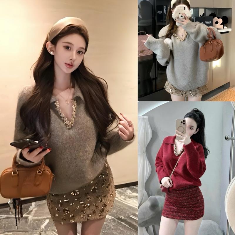 [ Hàng QCCC L1 ] Set Áo Len Chui Đầu Cổ Chữ V Nhũ Đính Đá Và Chân Váy Dạ Kim Sa Sành Điệu, Phù Hợp Noel, Lễ Tết Dành Cho Nữ Women Dress By BA68