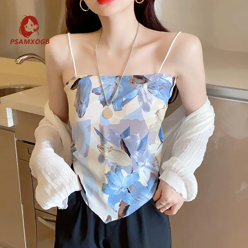Women Tie Knot Back Camisole, Spaghetti Strap Sleeveless Floral Print Hanky Hem Cami Tops