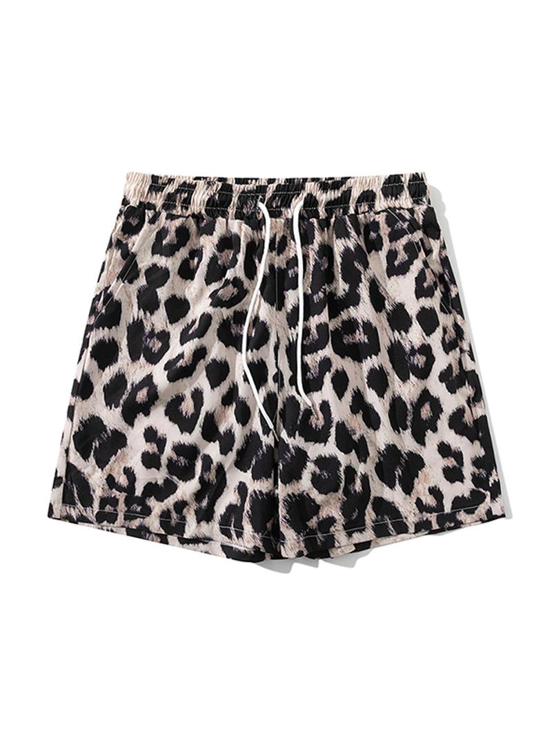 Product Introduction of Men's Leopard Print Drawstring Waist Beach Shorts, Regular Fit Casual Comfy Swim Shorts for Summer, Men's Shorts for Beach Vacation 2