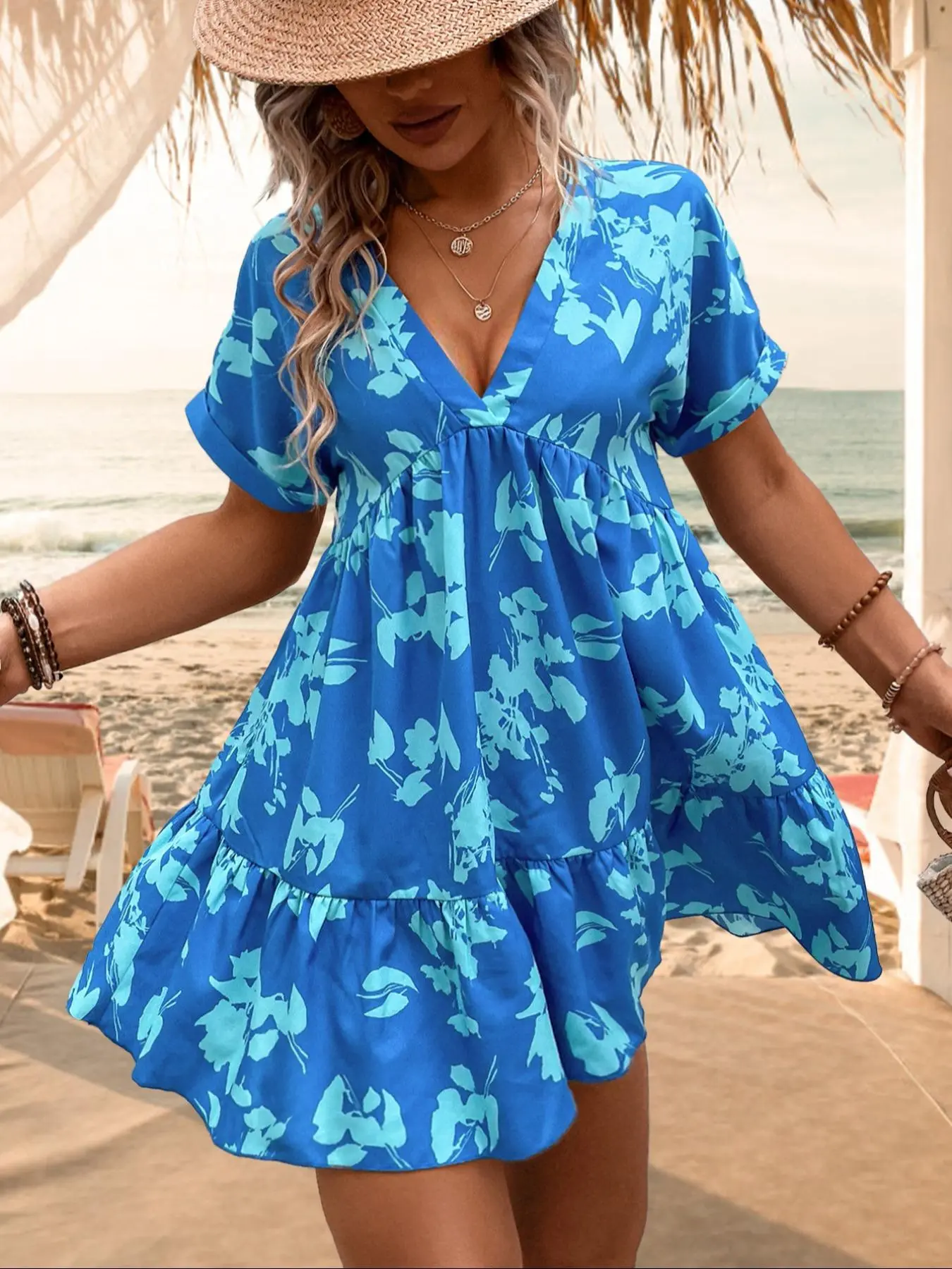 Dresses for Women, Summer 2025 V Neck Floral Print Batwing Sleeve Short Sleeve Ruffle Dress, Casual Trendy Short Beach Dress, Perfect for Summer Holidays and Leisure Activities